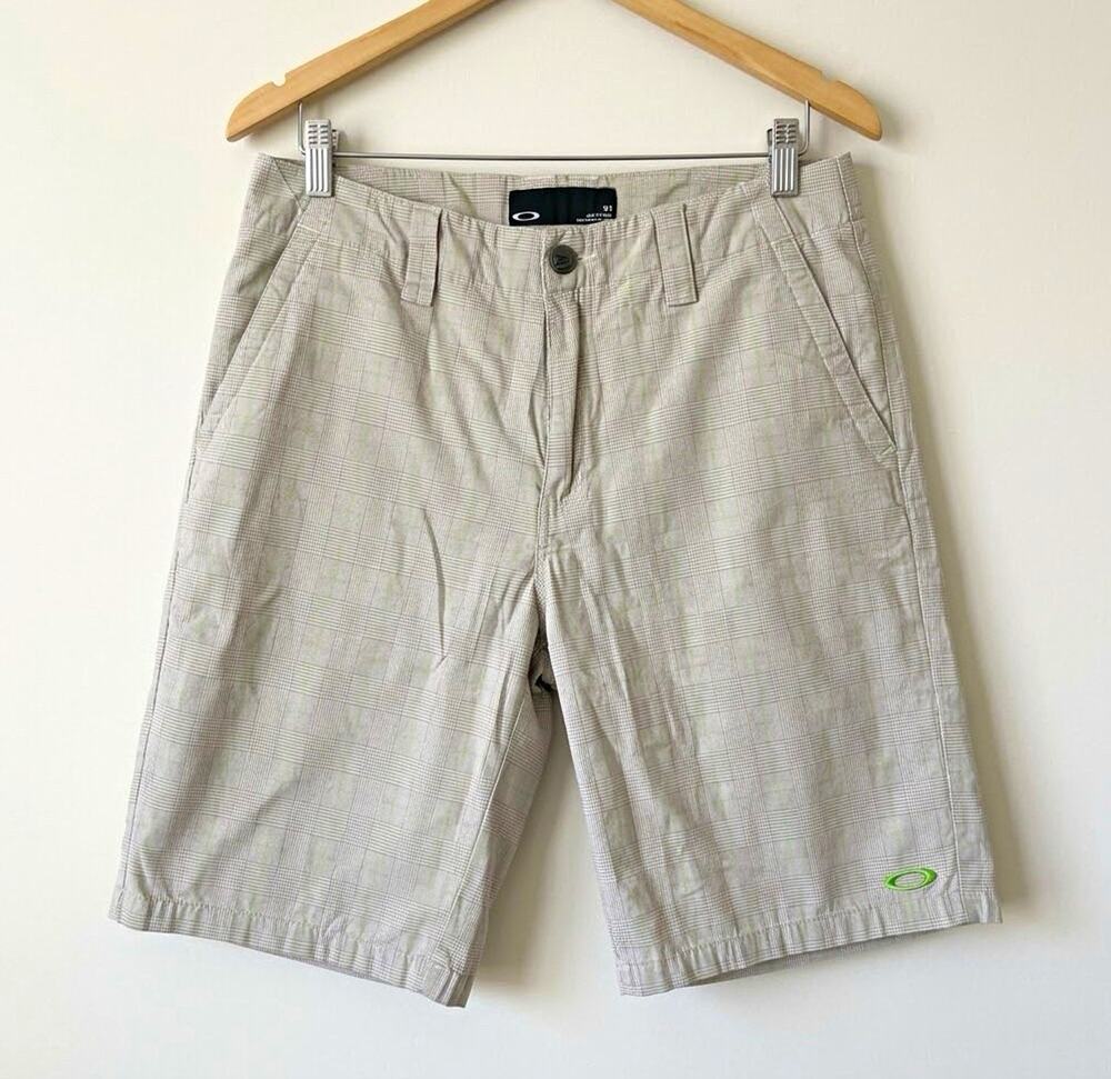 Vintage Oakley Golf Shorts Mens 31 Beige Plaid Neon Green Y2K Techwear